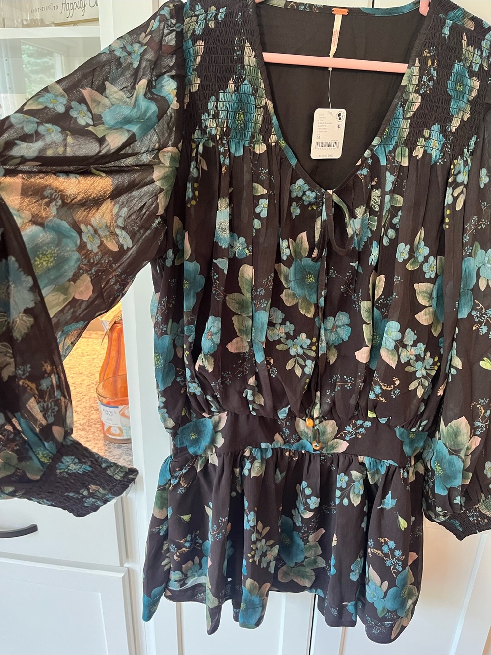 Free People Floral Smocked Long Sleeve Mini Dress Size Medium new with tags